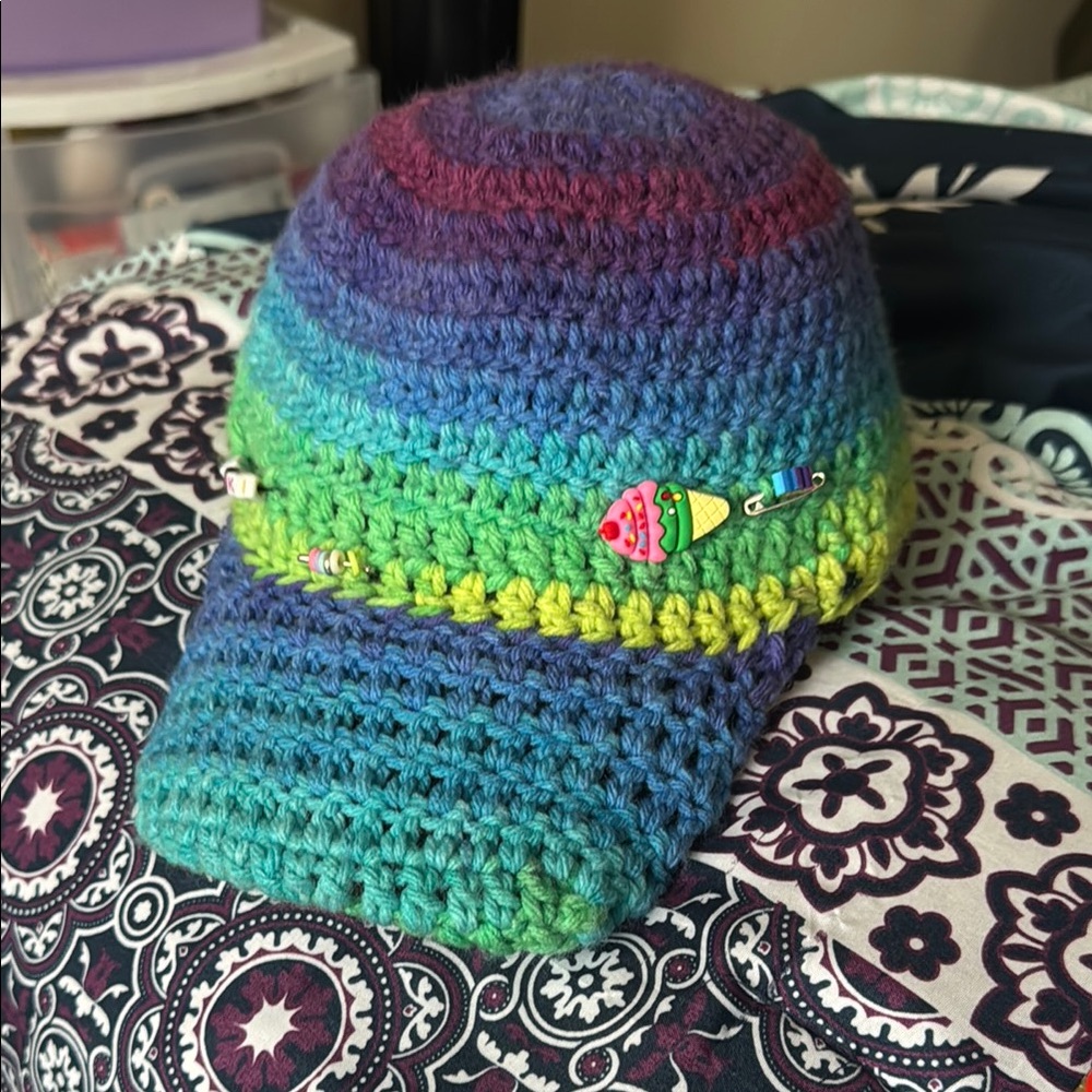 Colorful Crochet Cap with Fun Pins